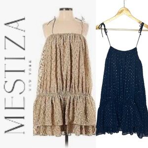 NWT MESTIZA NY Navy Blue W/Gold Metallic Florets Strappy Flounce Dress s